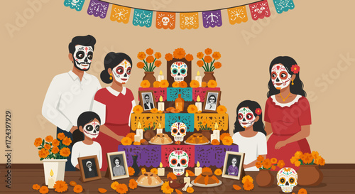 This flat design illustration depicts a loving family celebrating Day of the Dead, gathered around a vibrant ofrenda adorned with traditional offerings. It represents remembrance and cultural heritage