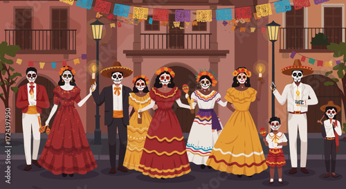 A vibrant flat design illustration capturing the essence of a Day of the Dead street parade, featuring people in colorful calavera costumes. 