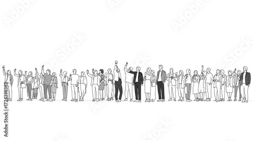 A group of people are standing in a line, with some of them holding hands
