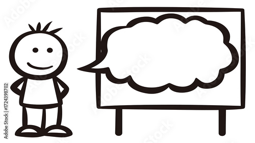 A cartoon character is standing in front of a white board with a cloud on it