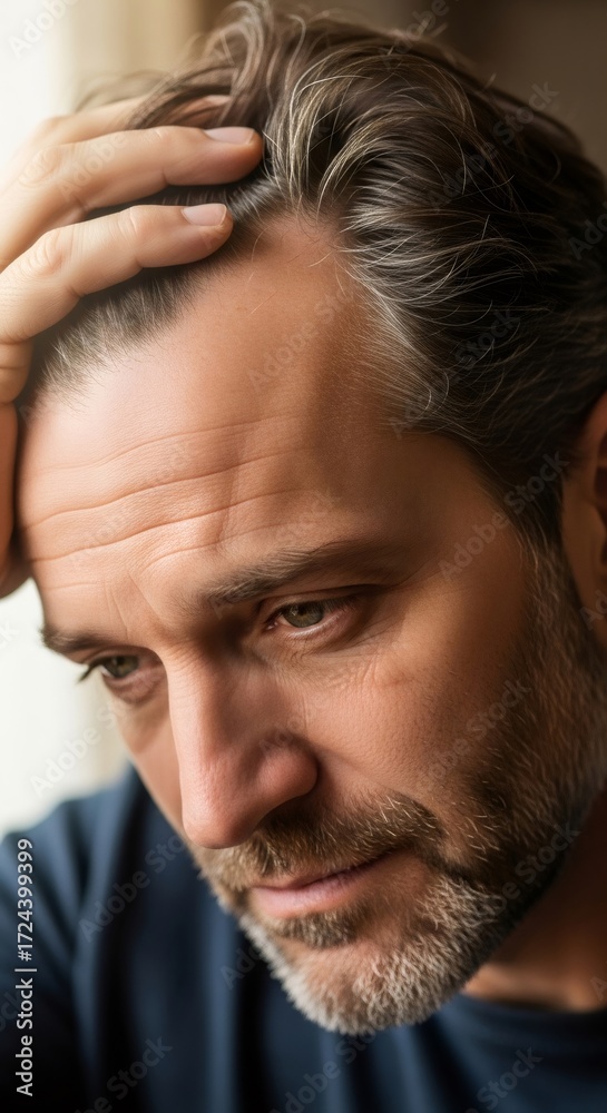 Obraz premium Man looks at his receding hairline as a sign of hair loss and baldness. Hair care and cosmetic promotion.