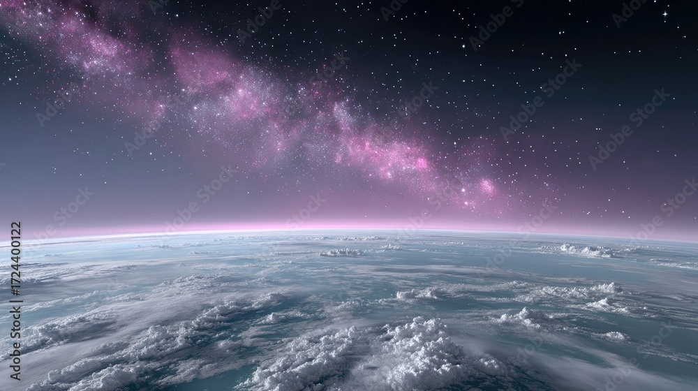 Naklejka premium Earth from Space with Milky Way Above Planet Surface Clouds in Sky and Starry Background Dramatic Lighting for Stock Photo Adobe
