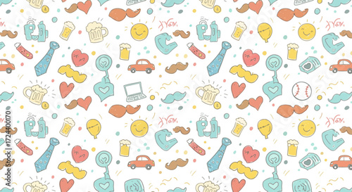 Festive Father's Day doodle pattern featuring playful icons and cheerful designs