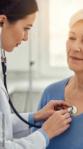 Smiling young female doctor examining a happy senior woman's heart with a stethoscope during a medical check-up in a bright clinic