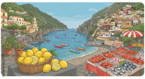 Illustrative depiction of an Italian coastal town with lemons and seafood market
