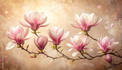 Delicate Pink Magnolia Blossoms on Branch, Bathed in Ethereal Golden Light with Soft Bokeh.