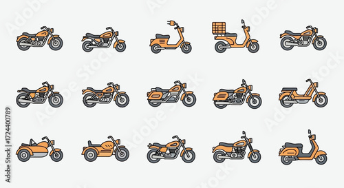 Collection of fifteen different motorcycle and scooter illustrations in a row, presented in a consistent, flat style.