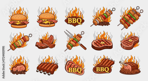 Cartoon illustrations of various BBQ foods, including burgers, skewers, steaks, and ribs, set against flames and smoke.