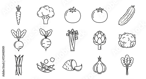 A collection of simple line drawings depicting various vegetables.