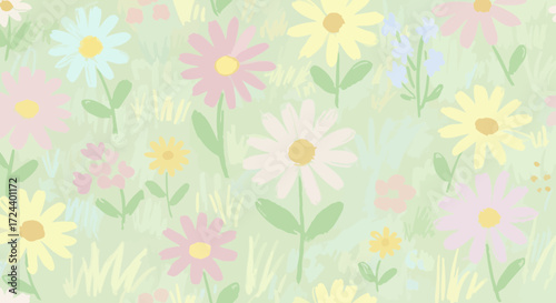 Wallpaper Mural Pastel meadow illustration featuring colorful daisy flowers in a whimsical design Torontodigital.ca