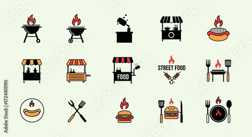 A collection of vibrant food stall and grilling icons, depicting various street food items and cooking equipment.