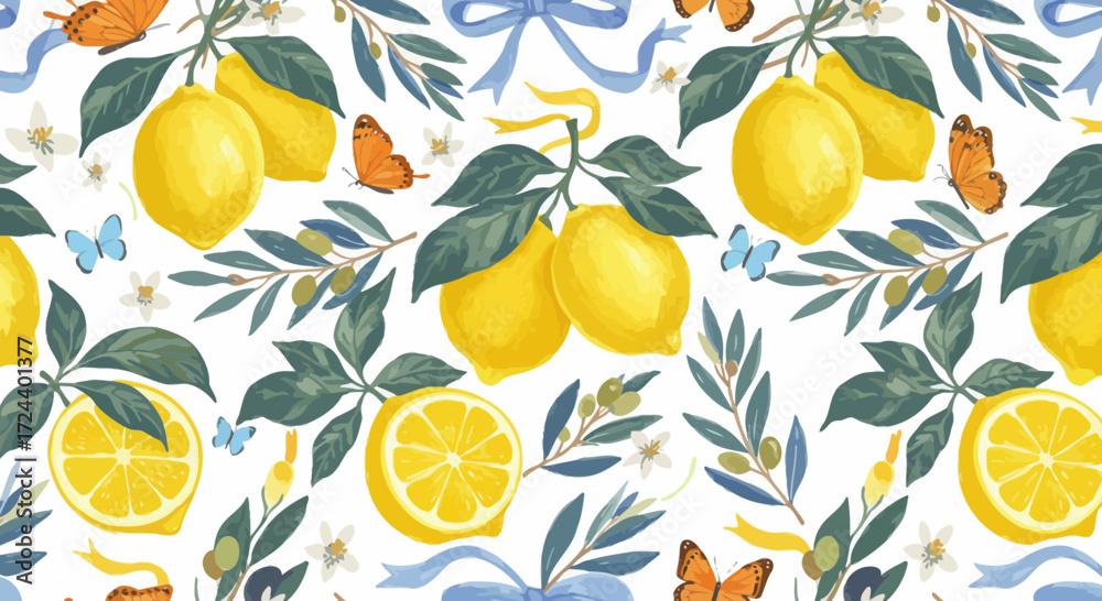 Fototapeta premium Elegant Lemon and Butterfly Pattern Design for Textile and Creative Projects