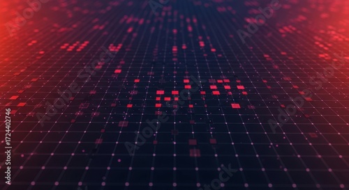 Abstract Digital Grid with Red Data Points and Dark Futuristic Background network