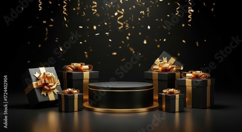 Black Gift Boxes With Gold Ribbons And Falling Confetti Award Celebration image