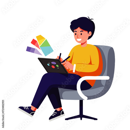 A smiling graphic designer sits in a chair, using a stylus on a tablet, with color swatches floating nearby.
