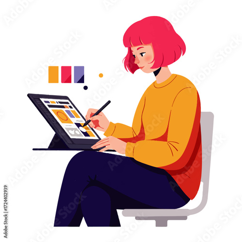 A woman with pink hair sits on a chair using a stylus on a digital tablet, designing with color palettes.