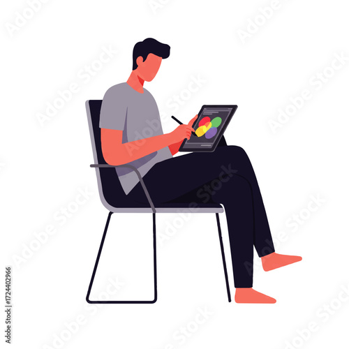 A man sits in a chair using a stylus on a tablet displaying a color wheel, working on a design project.