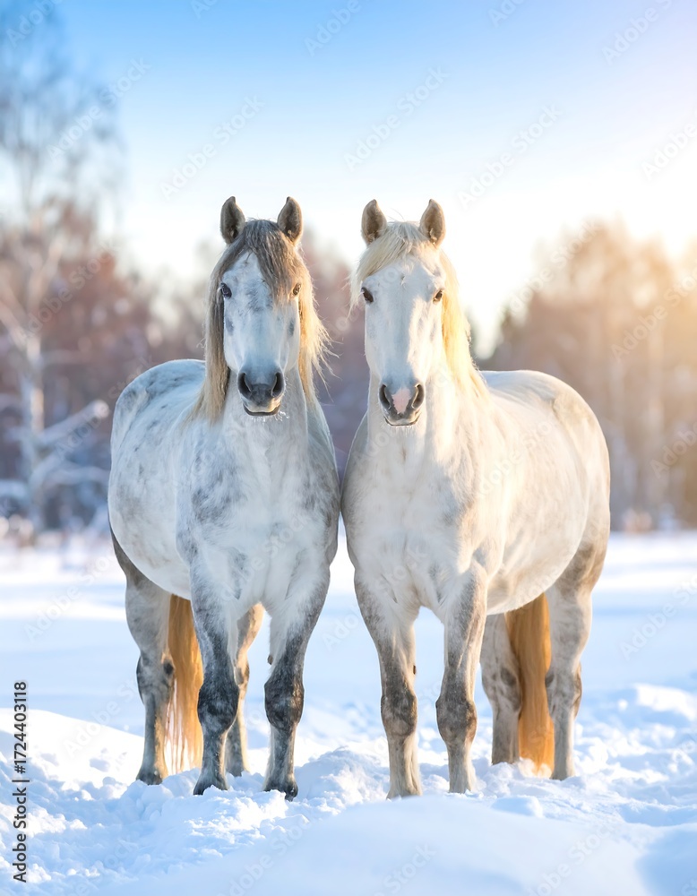 Obraz premium Two horses in snowy winter landscape