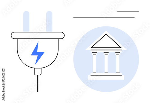 Electric plug with a lightning bolt beside a classical government building, signifying energy regulations, utilities, or public policies. Ideal for energy, governance, policy, sustainability