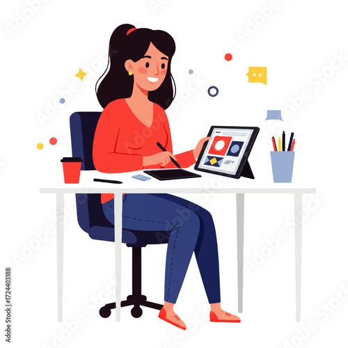 A young woman sits at a desk, using a digital tablet and stylus to create artwork, with a coffee cup and art supplies nearby.
