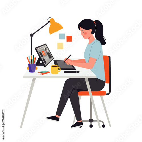 A woman sits at a desk, using a digital tablet and stylus to create digital art, illuminated by a desk lamp.