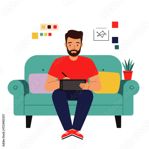 A bearded man sits on a teal sofa, using a drawing tablet with a stylus, in a bright, modern room.
