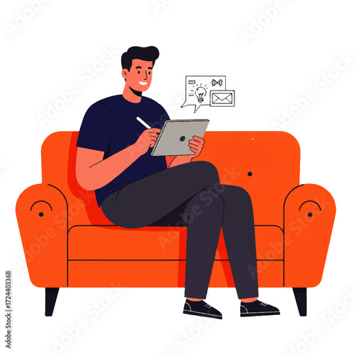 A young man sits on an orange couch, using a tablet and stylus to create or communicate ideas.