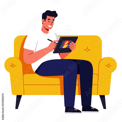 A young man sits on a yellow armchair, smiling as he uses a stylus on a digital tablet, creating art.