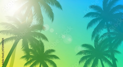 Silhouette Palm Trees Against Vibrant Yellow Green Blue Sky Gradient tropical summer
