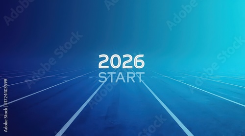 A blue background with the year two thousand twenty six and the word start on a racing track
