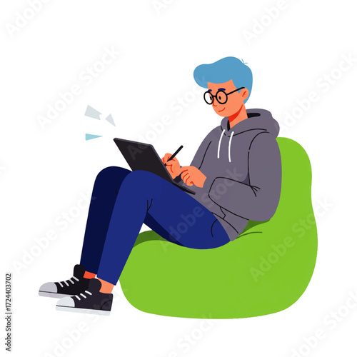 Cartoon illustration of a young man with blue hair sitting on a green beanbag chair, using a tablet and stylus.