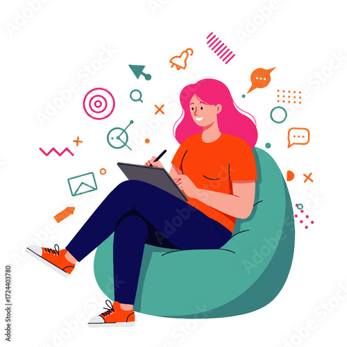 A woman with pink hair sits in a beanbag chair, drawing on a tablet with a stylus, surrounded by colorful graphic elements.