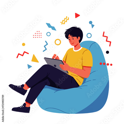 A young man sits comfortably in a blue beanbag chair, using a digital tablet with a stylus, surrounded by colorful abstract shapes.