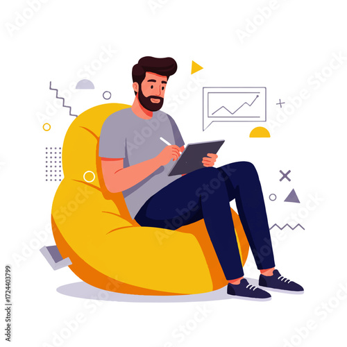 A bearded man sits on a yellow beanbag chair, using a stylus and tablet, with a graph displayed in a speech bubble.