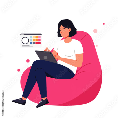 Woman sitting in a pink beanbag chair using a tablet, with a color palette displayed on a screen.