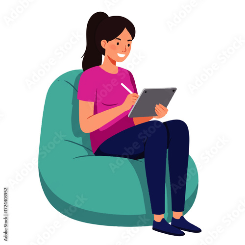 Woman sitting on a beanbag chair using a tablet and stylus, smiling and creating digital art.