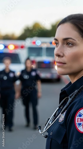 Wallpaper Mural Professional young adult female EMT with stethoscope at an emergency scene, ambulances in background Torontodigital.ca