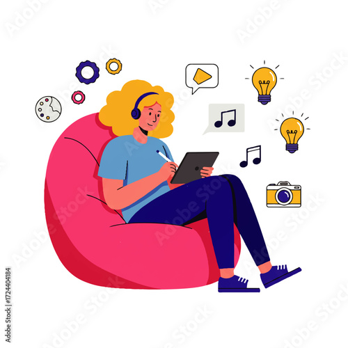 A woman with headphones sits in a beanbag chair, drawing on a tablet surrounded by creative icons.
