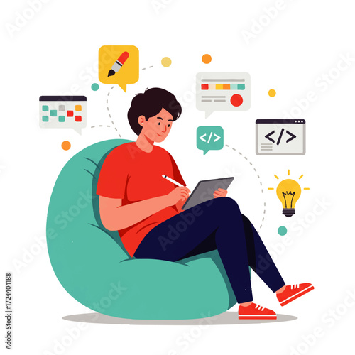 Illustration of a young man sitting on a beanbag chair, using a tablet and stylus, surrounded by icons representing design and coding.