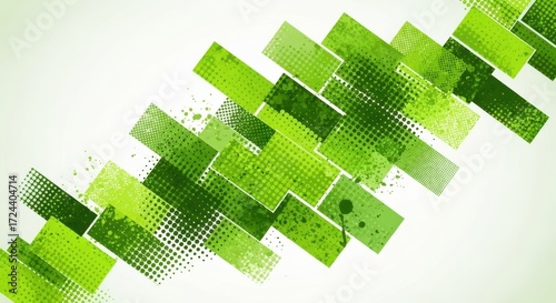 Diagonal Pattern of Green Rectangles with Halftone Dots and Splatters abstract