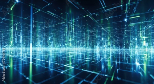 Abstract Digital Network Grid with Blue and Green Light Streaks technology
