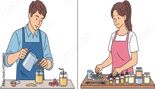 Man and woman making homemade candles, pouring wax, adding fragrance oils, crafting creative DIY candle gifts for home decor enthusiasts