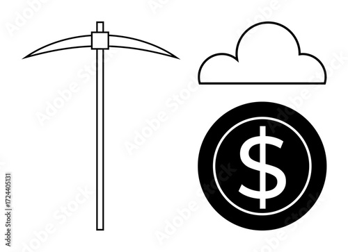 Pickaxe, cloud, and dollar coin representing data mining, cloud storage, digital economy, cryptocurrency, financial growth, innovation and resource extraction. Ideal for a simple flat metaphor