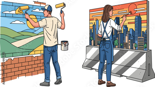 Artists painting colorful outdoor murals on city walls, creating urban street art with paint rollers, brushes, vibrant landscapes, and skyline scenes