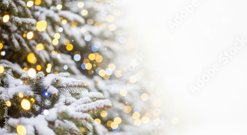 Snowy Christmas Tree Branches with Golden Bokeh Lights and Falling Snow winter holiday