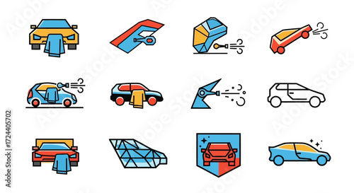 A collection of colorful, illustrated icons depicting various car washing and detailing processes.