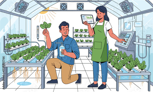 Illustration of man and woman growing hydroponic plants in greenhouse, using tablet technology for smart farming and sustainable agriculture system
