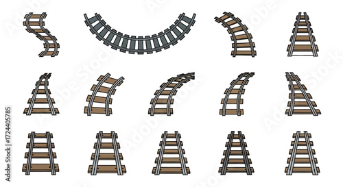 Collection of railway track sections in various shapes and angles, isolated on a white background.