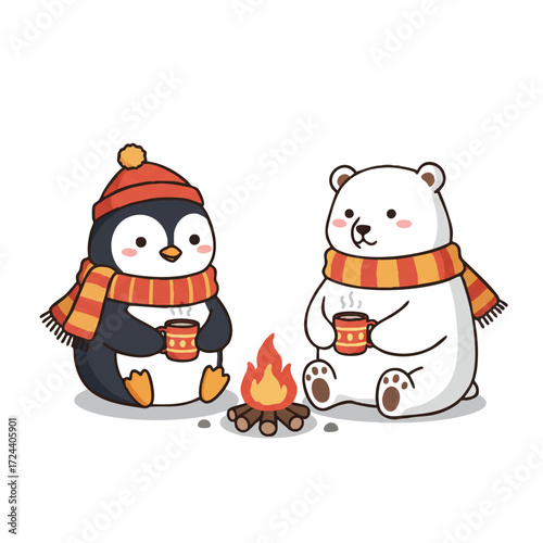 A vibrant 2D flat vector illustration shows a cute penguin and a fluffy polar bear in warm scarves, sharing hot cocoa by a cozy campfire.
