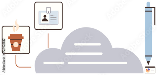 Coffee cup, ID card, cloud, and pen interconnected by lines signify productivity, digital workflow, cloud storage, identity, collaboration creative process and organization. Ideal for workflow